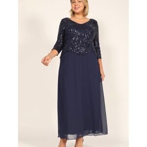 Alex Evenings Women Shift Long Sleeves Ball Gown Blue Size 16